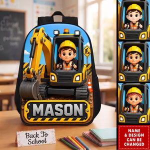 Personalized Construction Backpack, Custom Name Kids Excavator Bag, Toddler Digger Bookbag