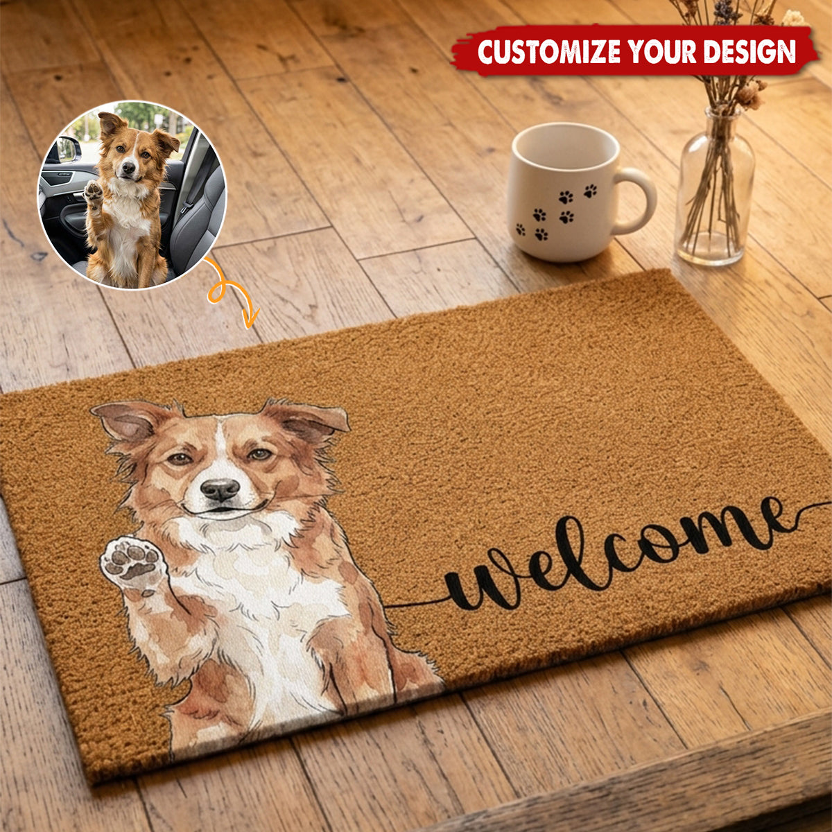 Welcome Pet Portrait Watercolor Art Welcome Mat - Personalized Doormat