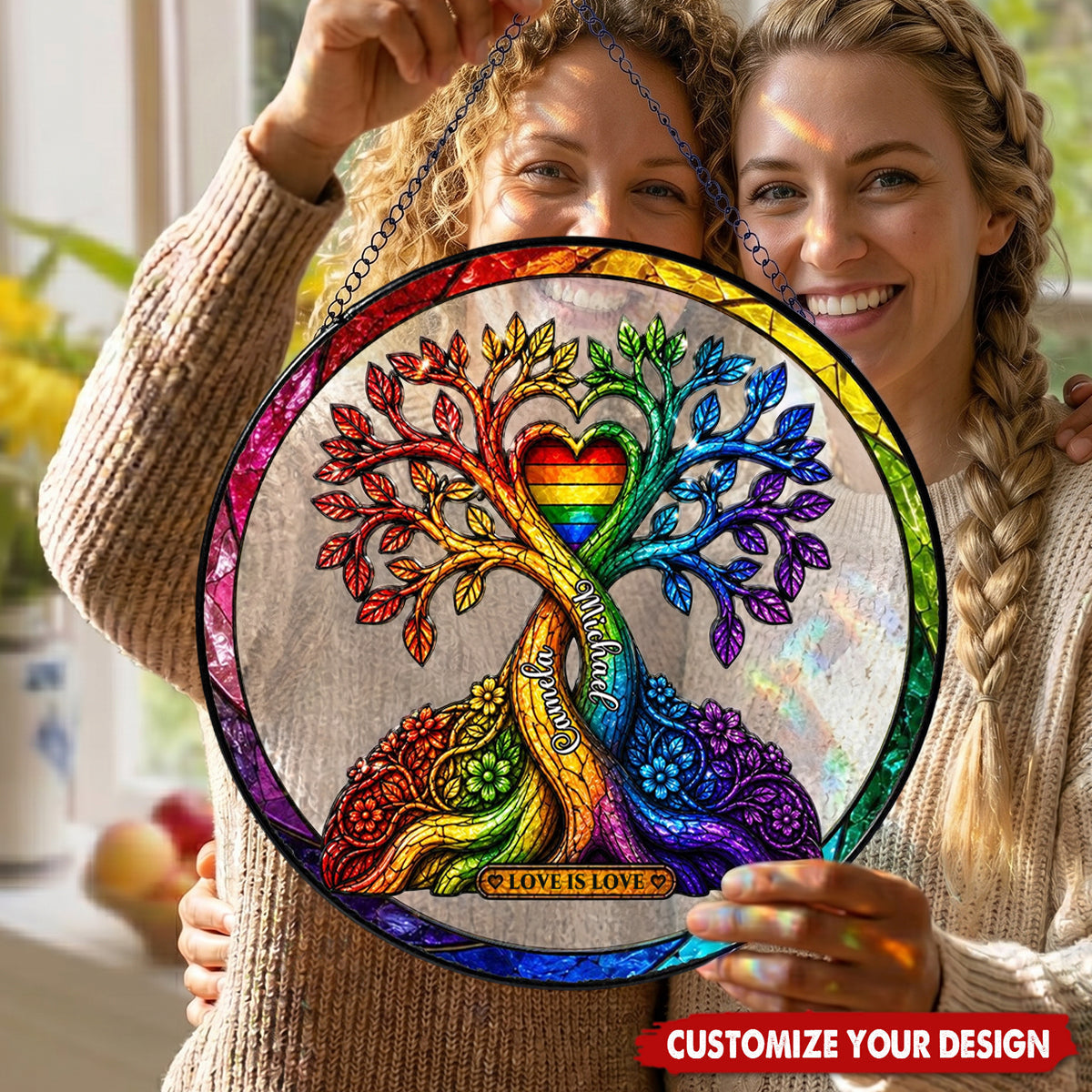 Personalized LGBT Tree of Love Suncatcher - Rainbow Pride Window Hanging