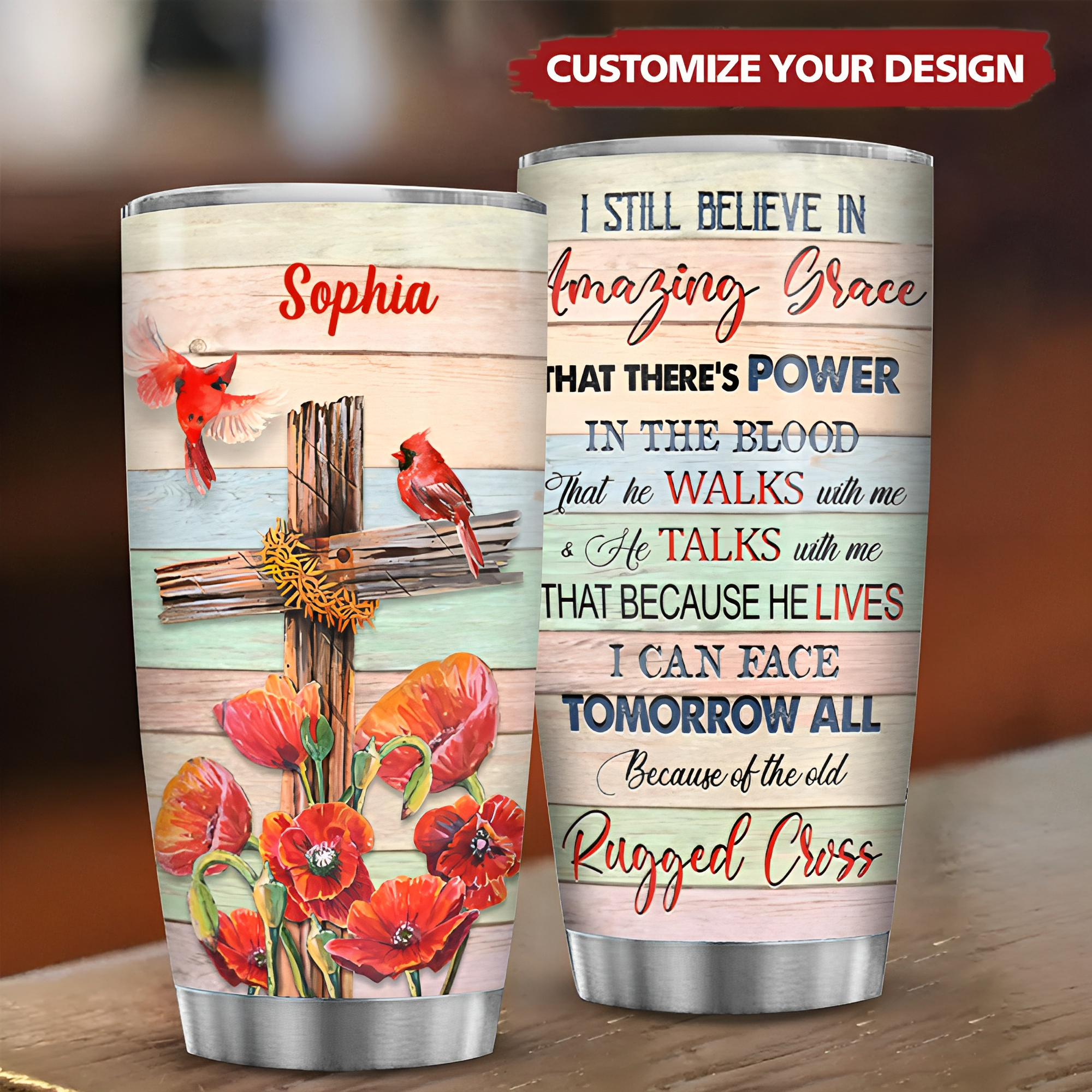 Cross And Cardinal Amazing Grace Personalized Tumbler