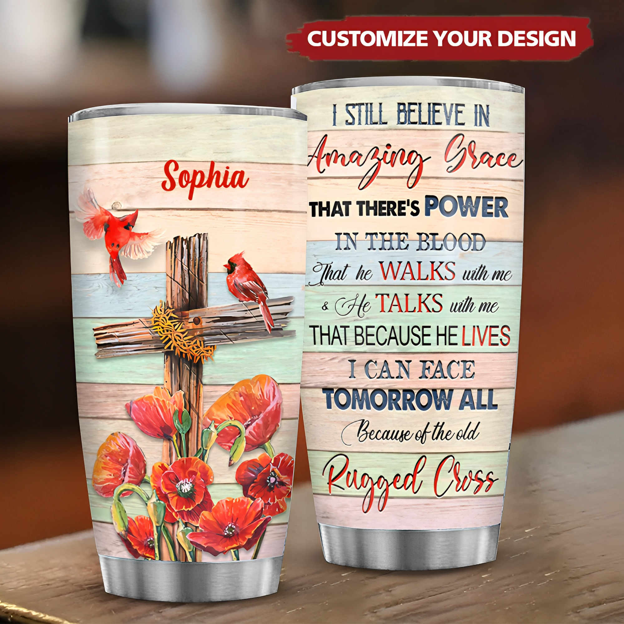 Cross And Cardinal Amazing Grace Personalized Tumbler
