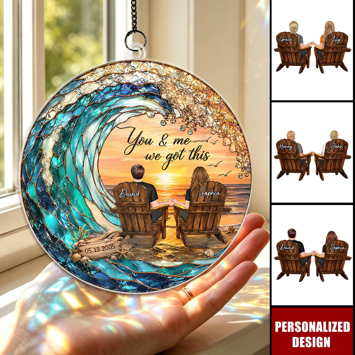 Custom Couple Beach Sunset Suncatcher - Sentimental Anniversary Gift for Him/Her