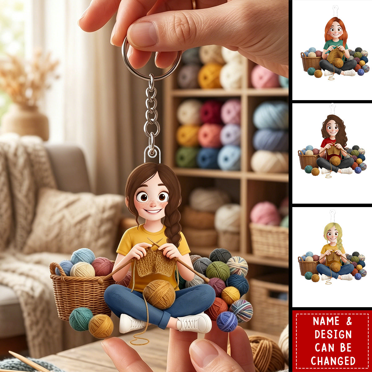 Personalized Acrylic Keychain  - Cartoon Crochet Knitting Girl Hobby Keepsake