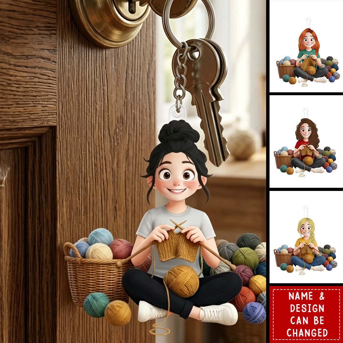 Personalized Acrylic Keychain  - Cartoon Crochet Knitting Girl Hobby Keepsake