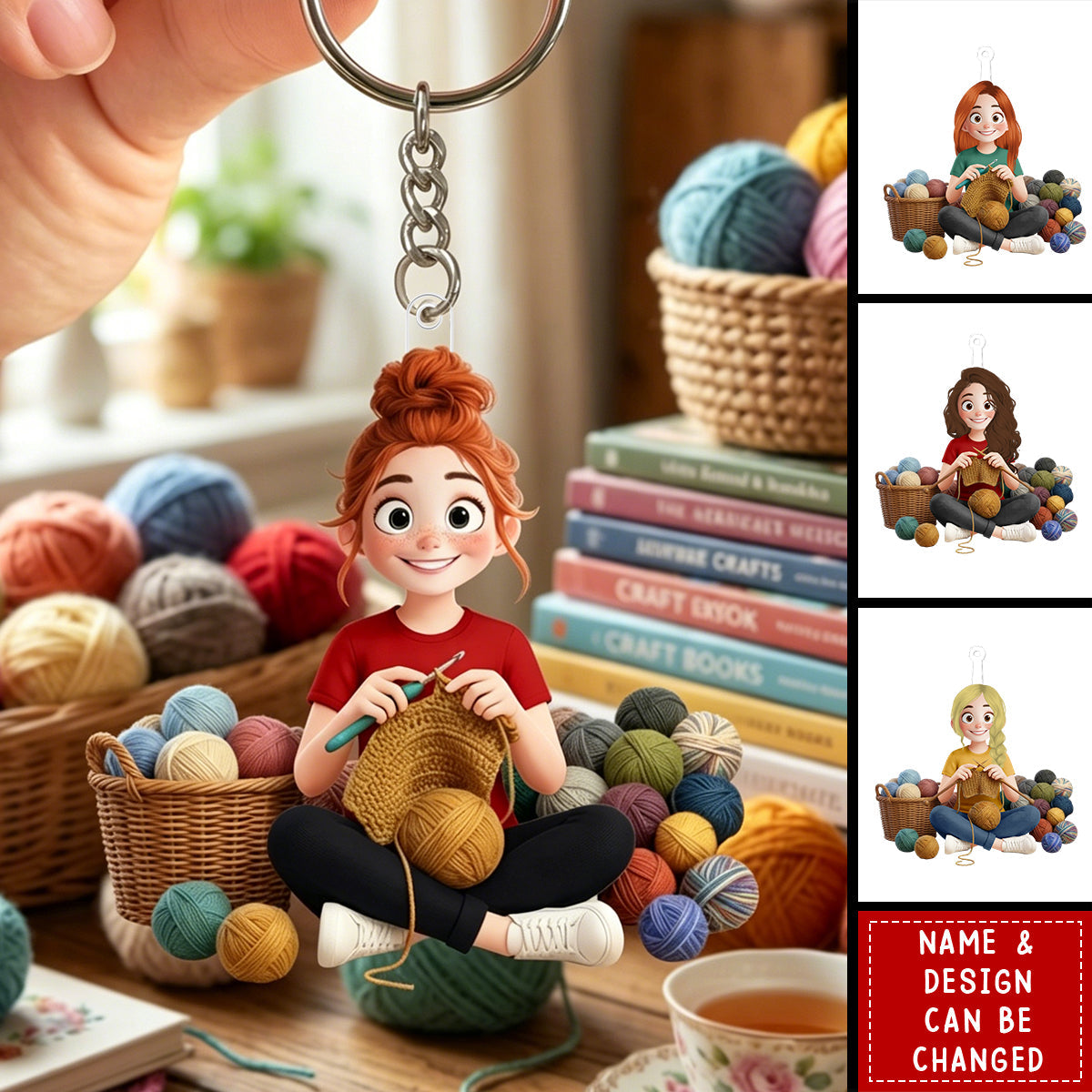Personalized Acrylic Keychain  - Cartoon Crochet Knitting Girl Hobby Keepsake