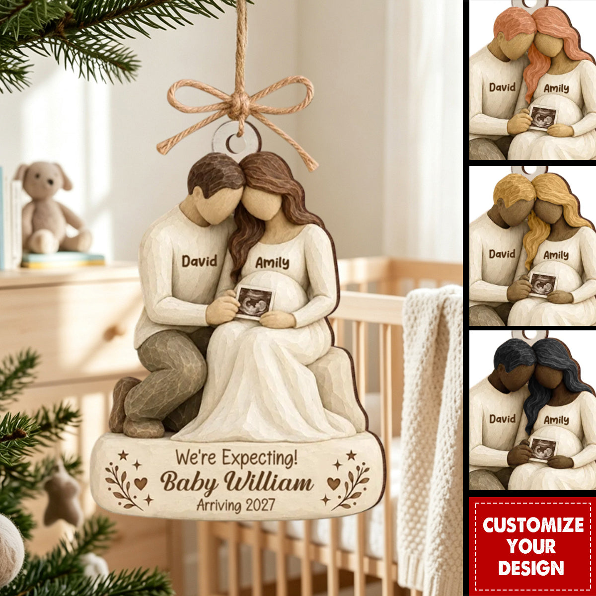 We're Expecting Baby Arriving - Personalized Wooden Ornament
