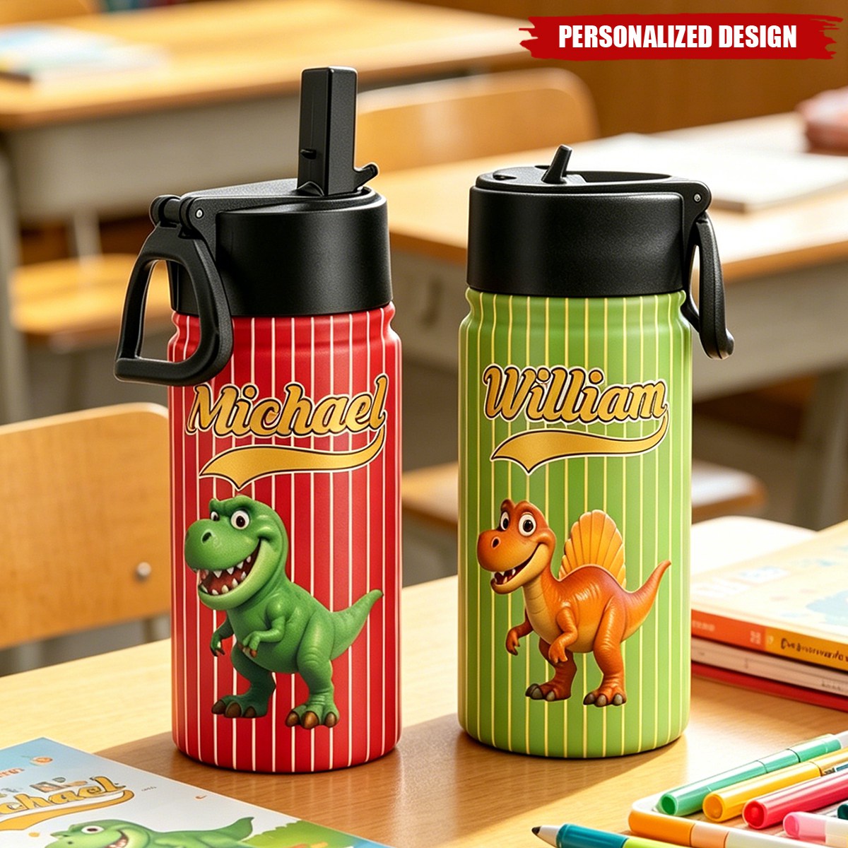 Kid Cartoon Dinosaurus Vehicles - Personalized Water Bottle
