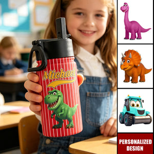 Kid Cartoon Dinosaurus Vehicles - Personalized Water Bottle