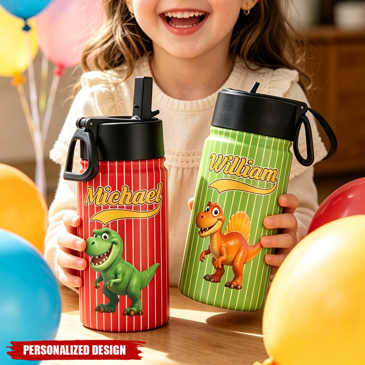 Kid Cartoon Dinosaurus Vehicles - Personalized Water Bottle