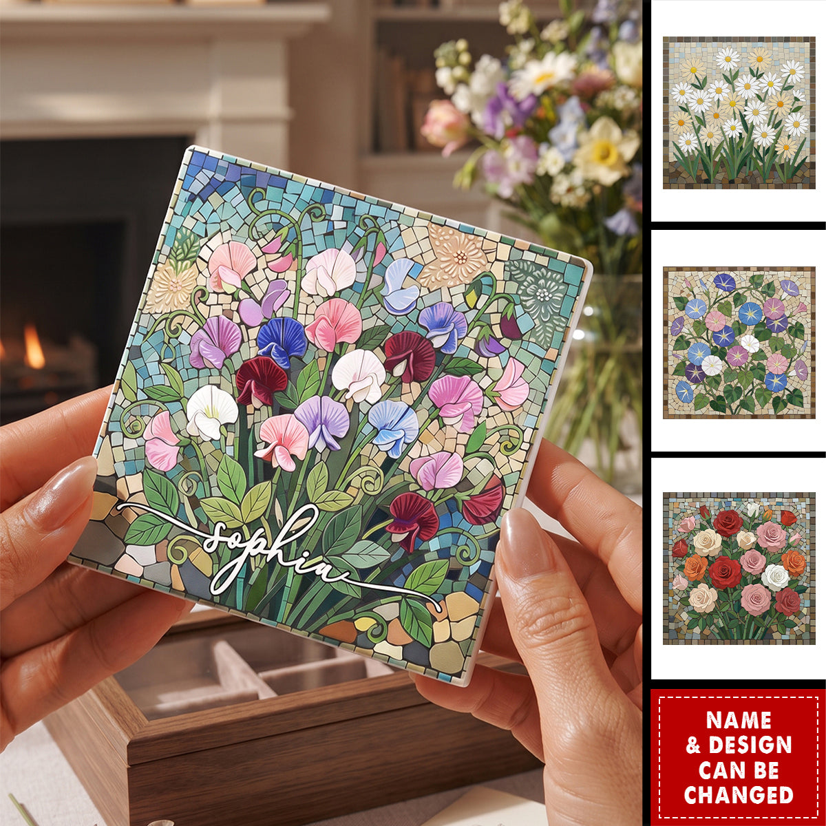 Custom Mosaic Birth Flower Printed Effect For Her, Sister, Mom, Grandma, Daughter - Personalized Ceramic Coaster