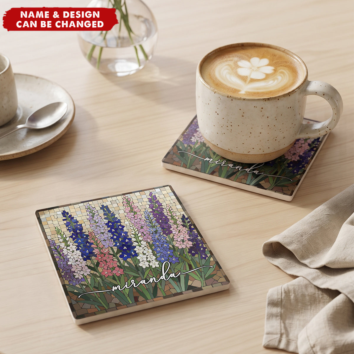 Custom Mosaic Birth Flower Printed Effect For Her, Sister, Mom, Grandma, Daughter - Personalized Ceramic Coaster