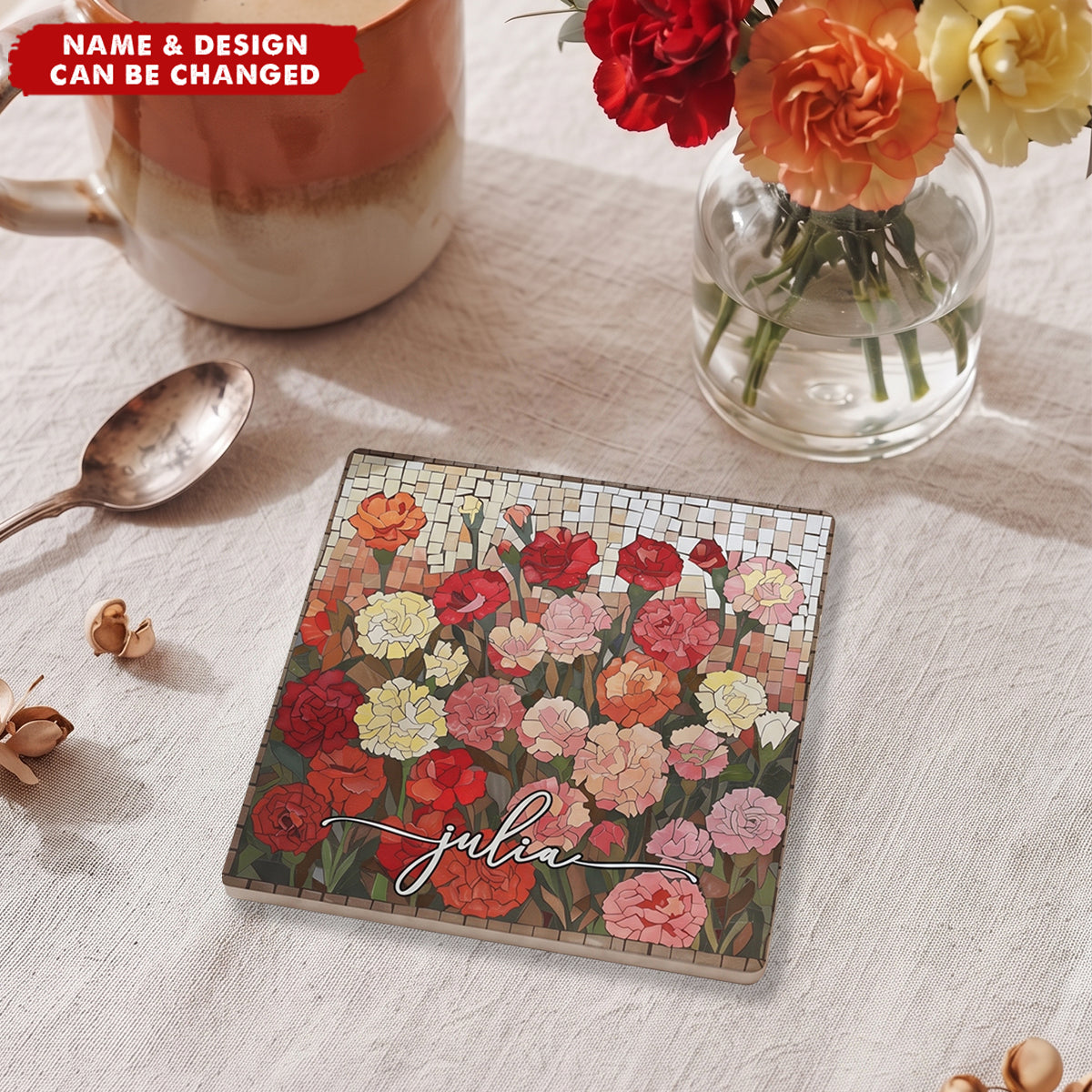 Custom Mosaic Birth Flower Printed Effect For Her, Sister, Mom, Grandma, Daughter - Personalized Ceramic Coaster