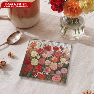 Custom Mosaic Birth Flower Printed Effect For Her, Sister, Mom, Grandma, Daughter - Personalized Ceramic Coaster