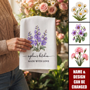 Birth Flower Mother-Of-Pearl Style Gift For Her - Personalized Kitchen Towel