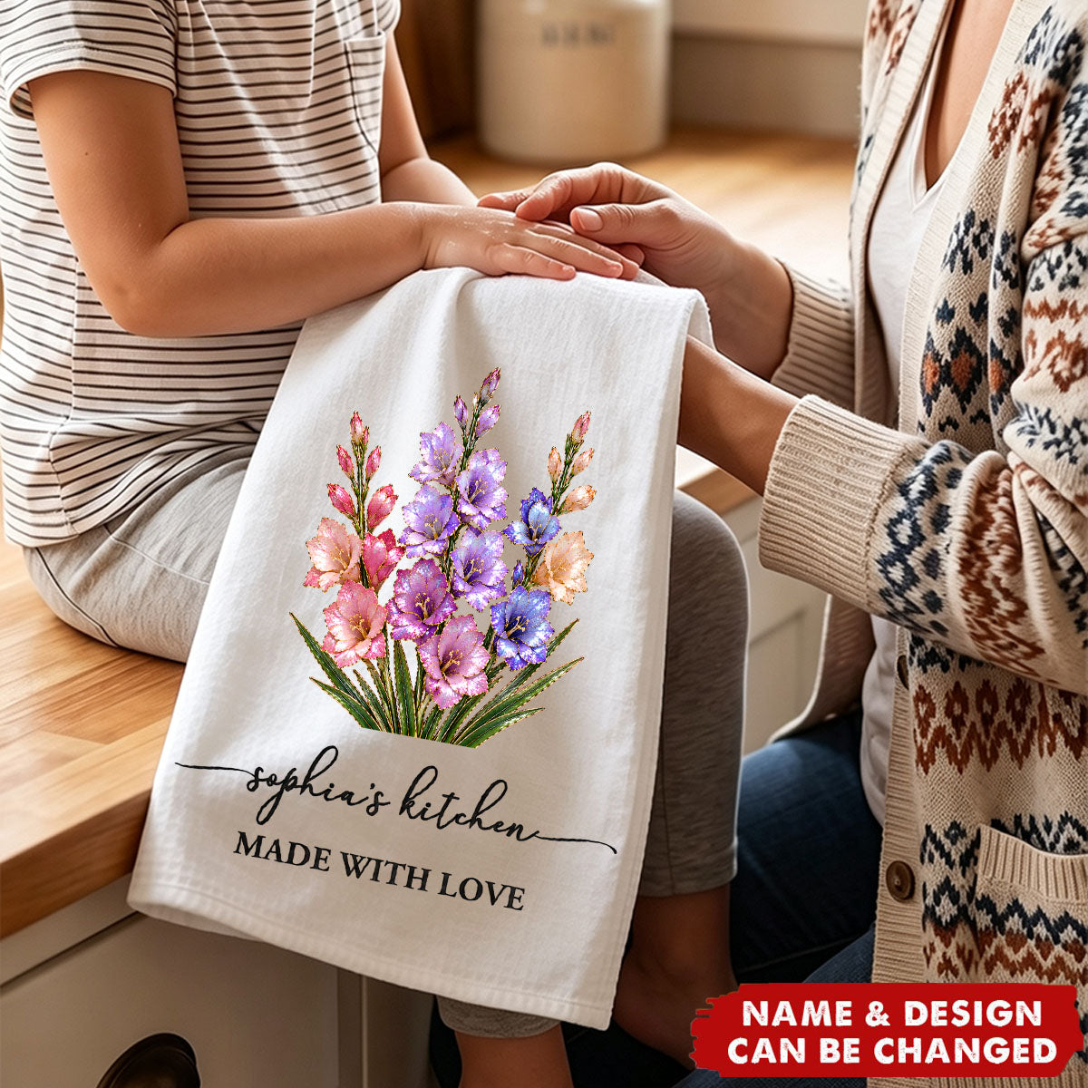 Birth Flower Mother-Of-Pearl Style Gift For Her - Personalized Kitchen Towel