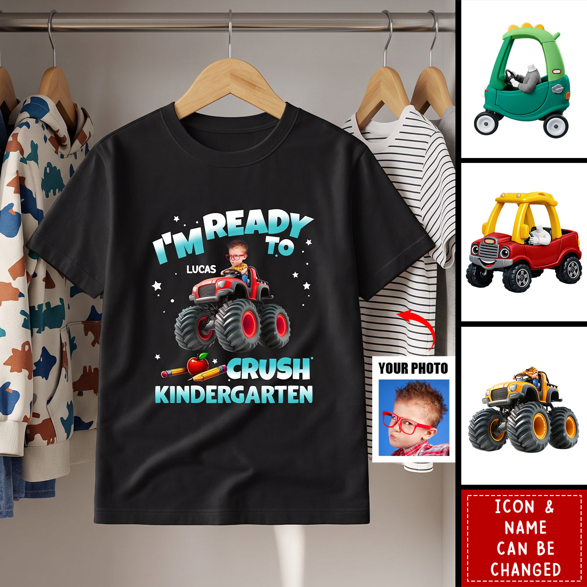 Custom Face Kid Riding Monster Truck Back To School - Personalized Shirt