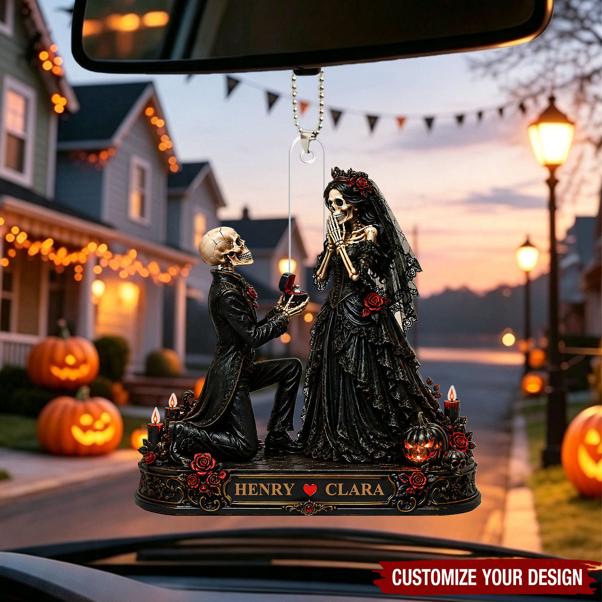 Skeleton Couple Marriage Proposal - Personalized Car Ornament - Halloween Decor Gift, Gift For Couple