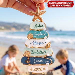 Personalized Family Christmas Ornament, Custom Name Beach Family Tree Acrylic Ornament